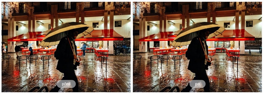 Srovnání dvou fotografií – vlevo původní snímek muže s deštníkem a lidmi v pozadí, vpravo snímek po odstranění osob pomocí AI Eraser.