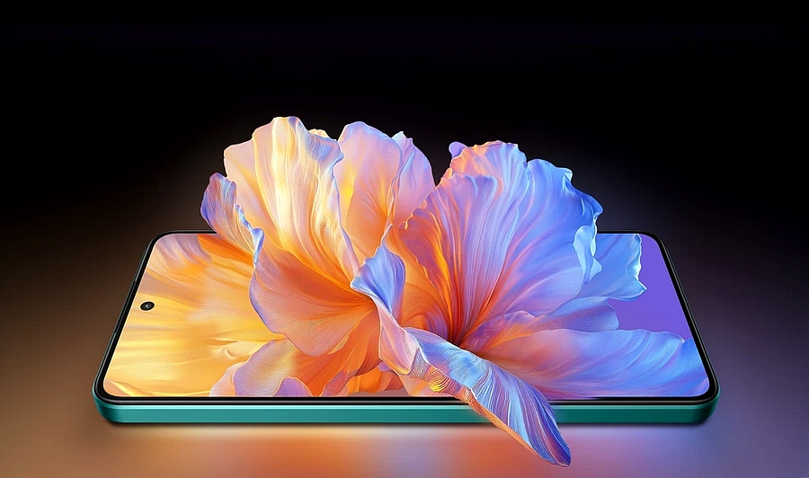 Ilustrace jasného AMOLED displeje Realme 14T 5G s barevnými efekty.