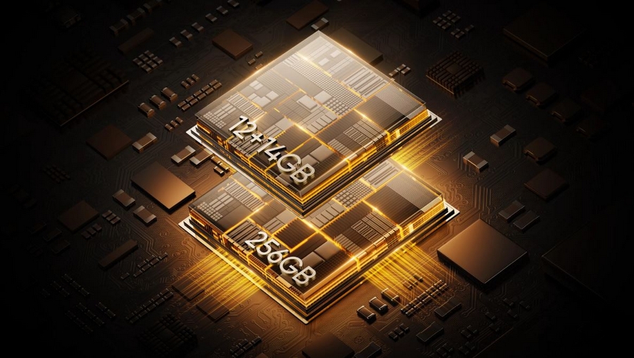 Grafické znázornění čipů znázorňující paměťovou konfiguraci Realme 14 5G – 12+14 GB RAM a 256 GB úložiště.