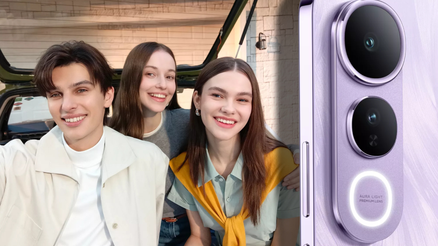 Vivo V50 Lite detail na kamery telefonu a vedle nich selfie fotografie 3 lidí