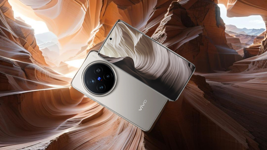 Vivo X200 Pro v titanově barvě zadní částu i diplej v pozadí arizonské jeskyně