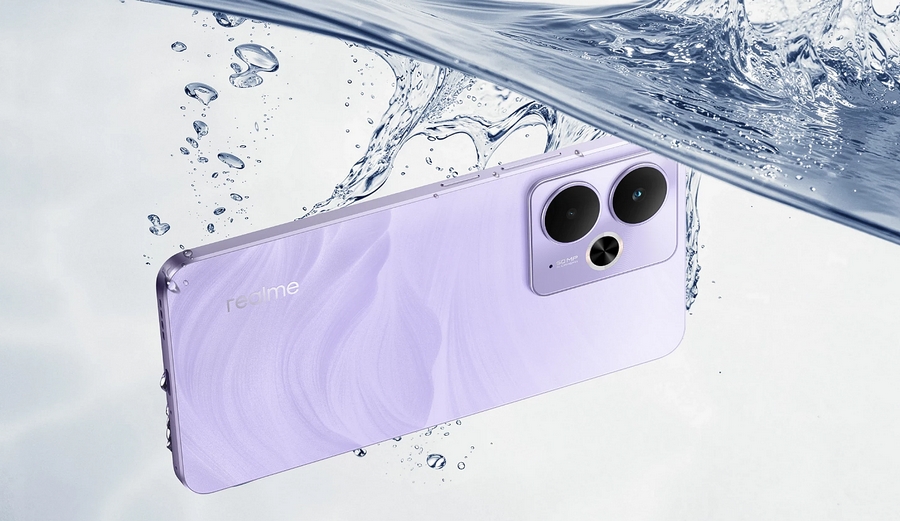 Fialový Realme 14T 5G (Lightning Purple) se potápí ve vodě, viditelné fotoaparáty a vlnitý design zad.