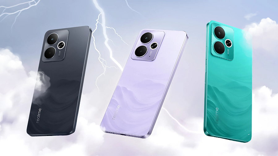 Realme 14T 5G v barvách Surf Green, Obsidian Black a Lightning Purple v oblacích.