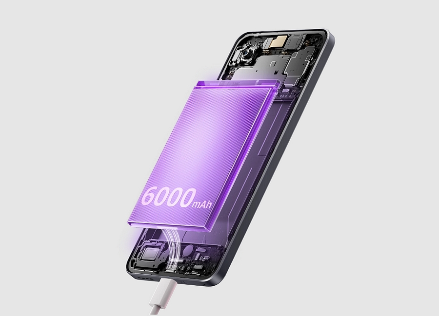 Grafické znázornění vnitřku Realme 14T 5G s 6000 mAh baterií a nabíjecím kabelem.