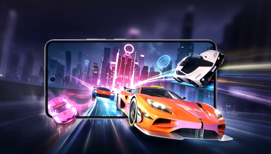 Závodní auta vyjíždějící z displeje Realme 14T 5G, symbolizující vysoký herní výkon.