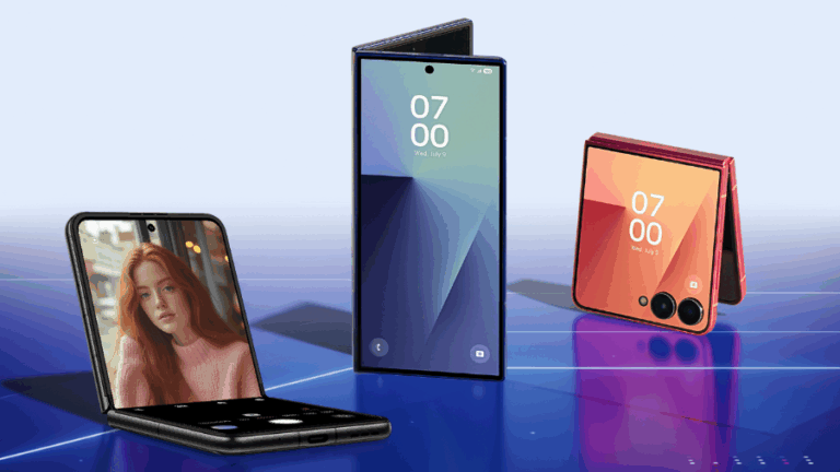 Přehled nejlepších skládacích telefonů 2025 – Fold a Flip modely na stole, elegantní design, moderní technologie