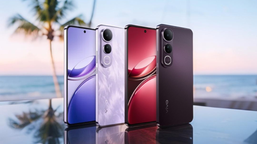 Vivo V50 Lite ve dvou barevných variantách na skleněném stole, v pozadí moře a palmy