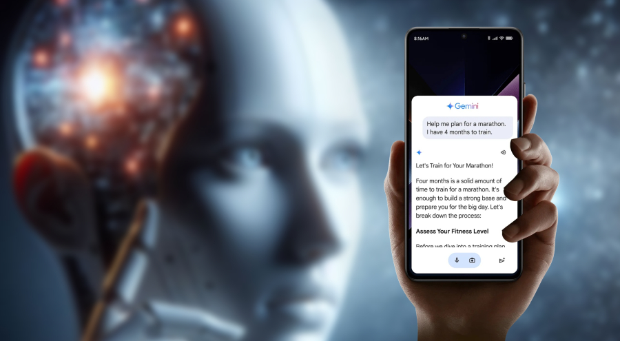 POCO X7 Pro umělá inteligence Gemini na displeji mobilu, v pozadí je hlava umělé inteligence