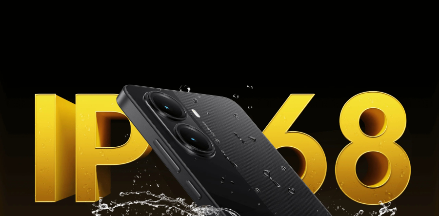 POCO X7 Pro, na který cáká voda, v pozadí je uvedena hodnota IP68