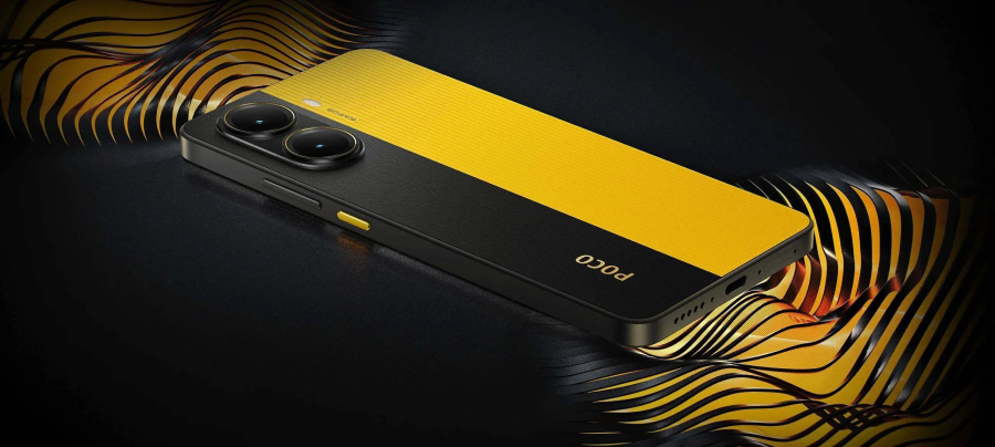 POCO X7 Pro žluto-černá verze mobilu ležící na černém povrchu, kde z reproduktorů telefonu vycházejí žluté vlny