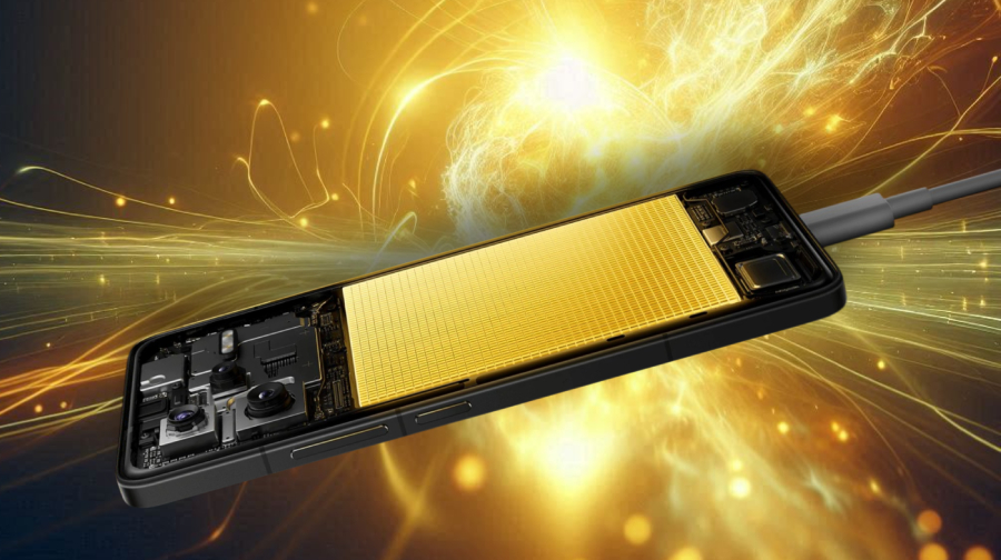 POCO F7 Ultra baterie telefonu uvnitř těla na pozadí vířící žluté energie