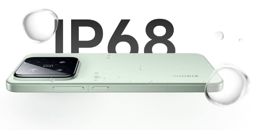 Smartphone Xiaomi 15 5G s matnými zády ve světle zelené barvě a zvýrazněním voděodolnosti IP68, doplněný kapkami vody jako symbol ochrany proti vodě a prachu.