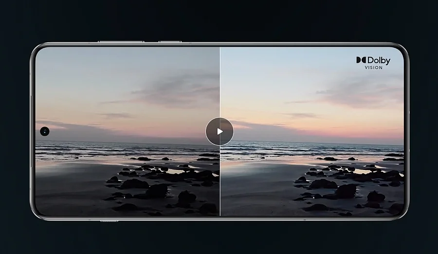 Displej telefonu OnePlus 13 5G rozdělený na dvě poloviny, ukazující rozdíl v kvalitě obrazu s a bez Dolby Vision.