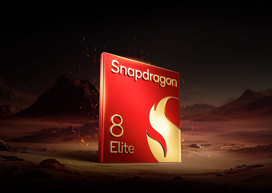 Detailní render procesoru Qualcomm Snapdragon 8 Elite na tmavém, dramatickém pozadí.