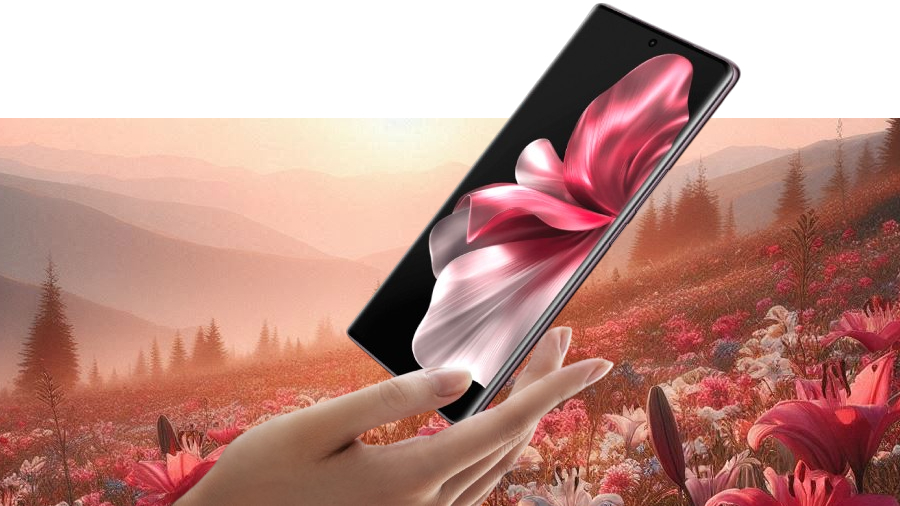 Vivo V40 Lite pohled na displej, v pozadí louka s květinami