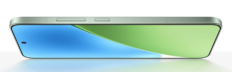 Detailní pohled na displej telefonu Xiaomi 15 5G s tenkými rámečky. Viditelná boční hrana ukazuje uspořádání ovládacích tlačítek.