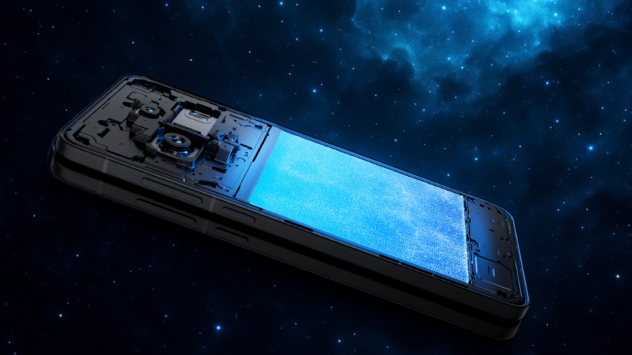 Vivo X200 detail baterie z vnitřku telefonu v pozadí vesmír