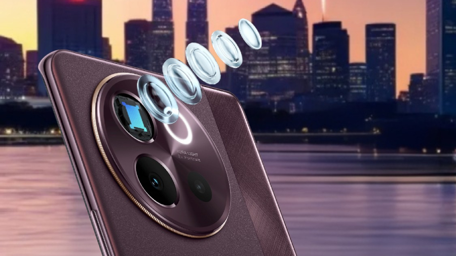 Vivo V40 Lite, detail čoček fotoaparátu na pozadí s městem při západu slunce