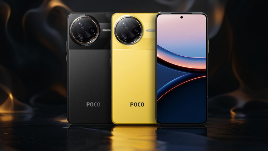 POCO F7 Ultra ve dvou barevných variantách (žlutá, černá) na lesklém podkladu v zakouřeném pozadí