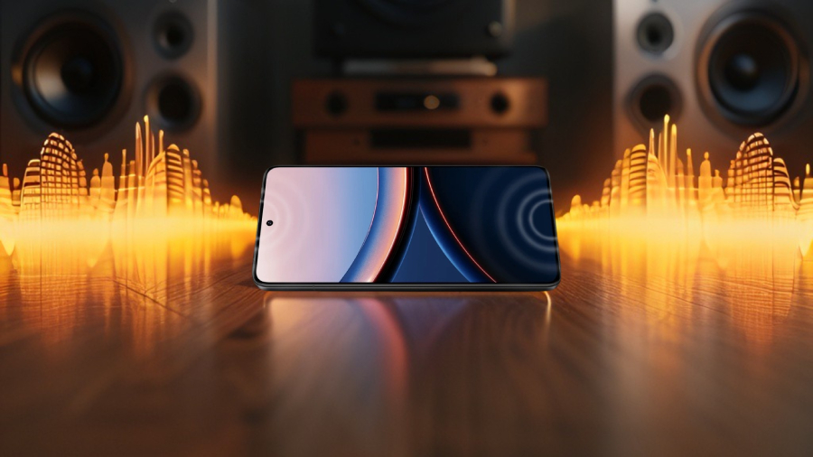 POCO F7 Ultra telefon z jehož reproduktorů vychází zvuková vlna, položený na dřevěné podlaze