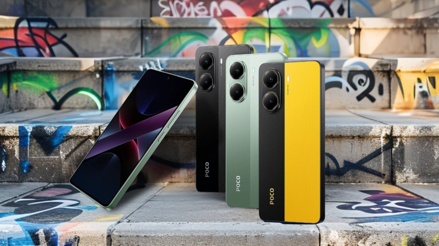 POCO X7 Pro ve třech barevných provedeních postavených na schodech pokreslených graffity