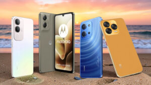 Skupina čtyř cenově dostupných chytrých telefonů vivo Y19s, Motorola Moto G06 Power, Redmi 15C a ZTE Blade V70 Vita na pláži při západu slunce, které představují nejlepší mobily do 3 000 Kč pro rok 2026.