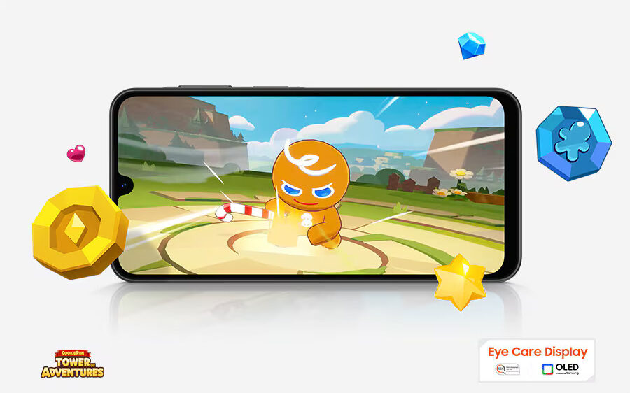 Herní scéna na displeji telefonu Samsung Galaxy A26 s animovanou postavičkou.