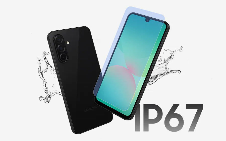 Odolnost Samsung Galaxy A26 proti vodě a prachu podle normy IP67.