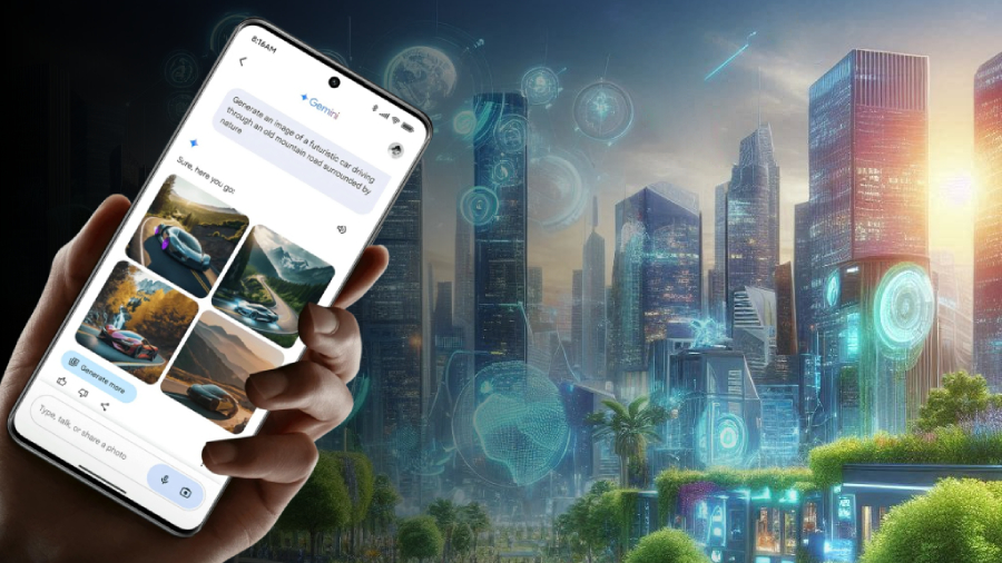 POCO X7 na detail mobilu v ruce, na jehož displeji je AI Gemini