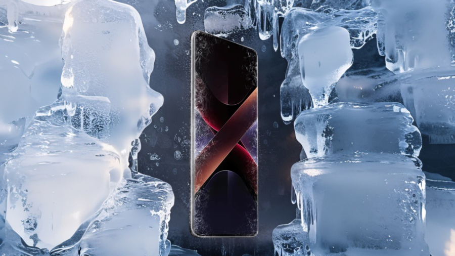 POCO X7 omrzlý telefon mezi kusy zmrzlého ledu