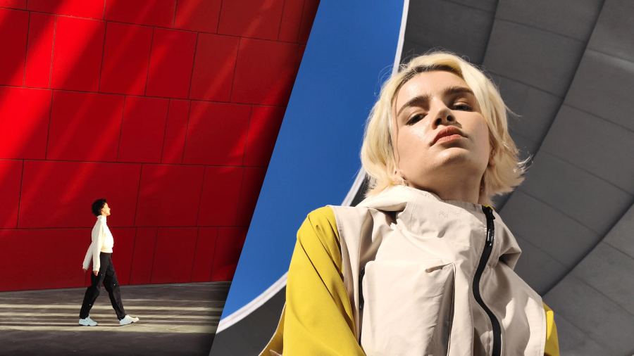 POCO X7 na jedné polovině obrázku je foto ženy z dálky, která jde před červenou zdí, na druhé polovině obrázku je portrét ženy