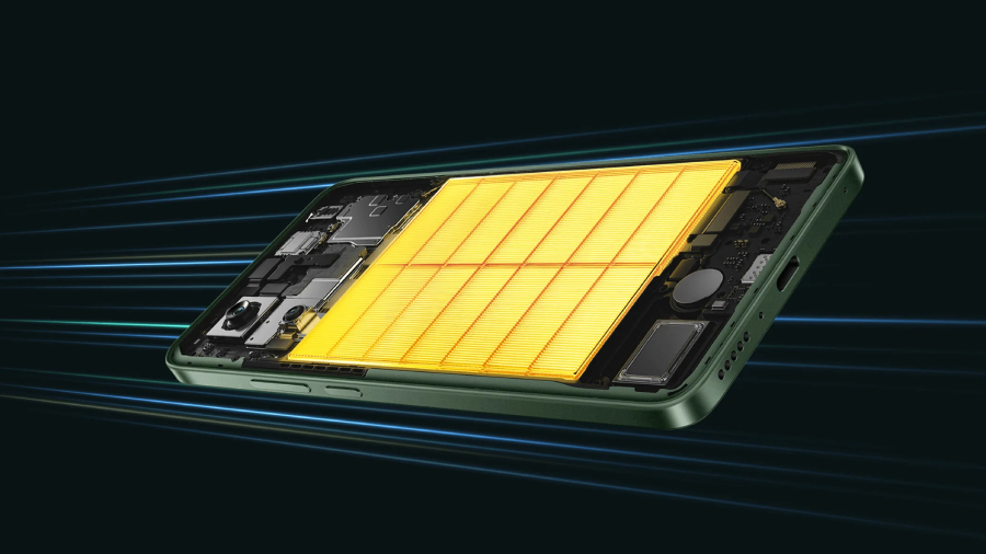 POCO M7 Pro detail baterie uvnitř telefonu