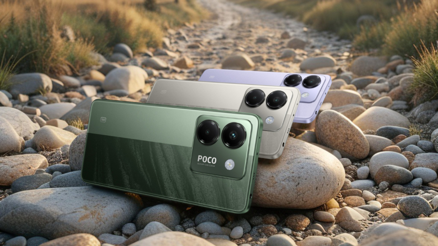 POCO M7 Pro ve třech barevných variantách ležících na kamenité cestě