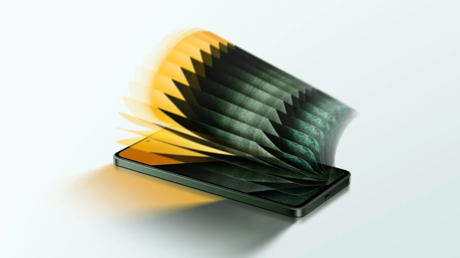 POCO M7 Pro zobrazuje na displeji grafický efekt překlápění stránky, podobný animaci listování