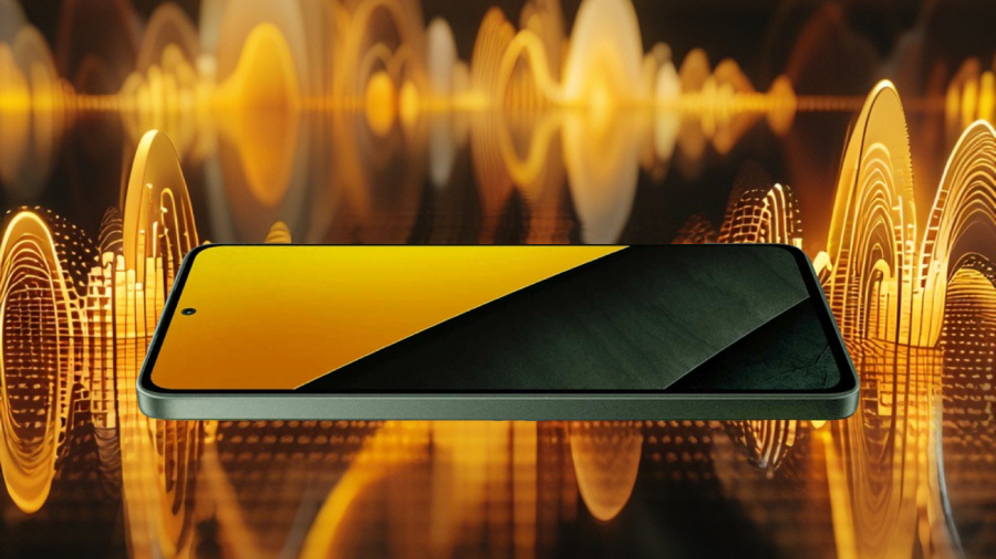 POCO M7 Pro na pozadí se žluto-oranžovou zvukovou vlnou