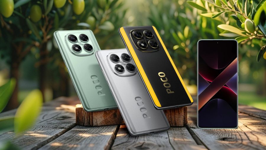 POCO X7 ve třech barvách na dřevěném stole v zeleném sadu