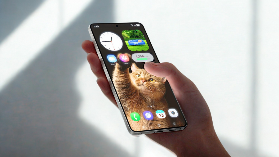 Ruka držící bílý mobilní telefon Samsung Galaxy S25 Edge s jasným displejem.