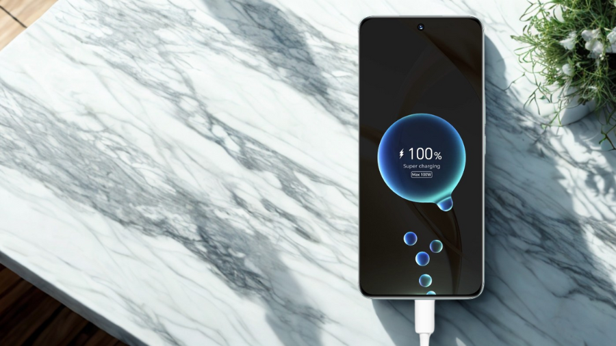 Telefon Honor 200 se nabíjí, na displeji je animace 100% nabití a nápis „Super charging“.