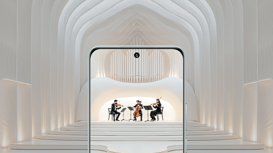 Chytrý telefon Honor 200, na jehož obrazovce je trio klasické hudby.