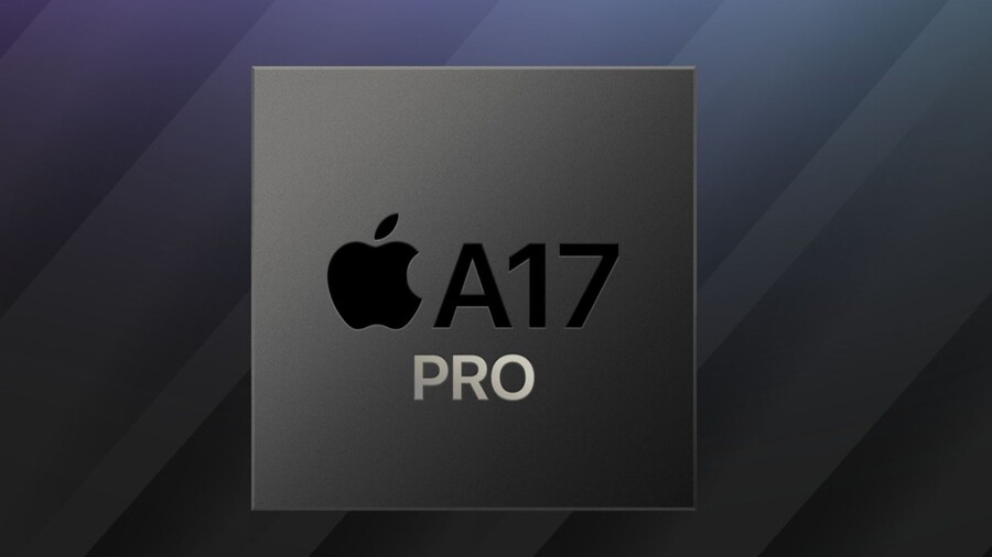 Detailní vyobrazení čipu Apple A17 Pro, který pohání iPhone 15 Pro Max. Díky 3nm technologii nabízí špičkový výkon pro náročné úkoly, jako je multitasking a hraní her.