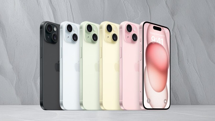 iPhone 15 nabízí pět pastelových barevných variant – modrou, černou, zelenou, žlutou a růžovou.