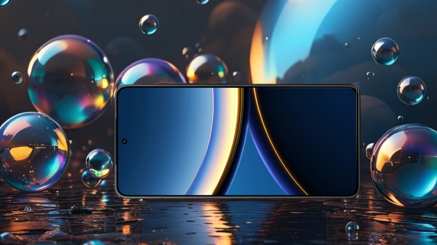 POCO F7 Pro pohled na displej v pozadí bubliny