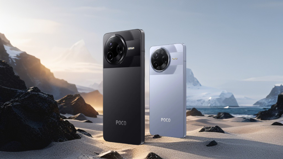 POCO F7 Pro ve dvou barevných variantách na písečné pláži mezi útesy