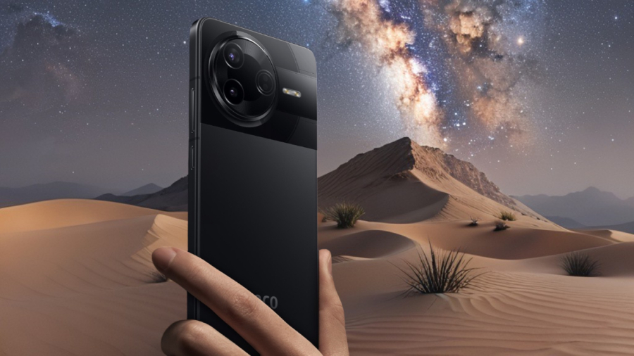 POCO F7 Pro detail na ruku, která telefon drží, pohled na zadní část telefonu, v pozadí písečná poušť a noční obloha