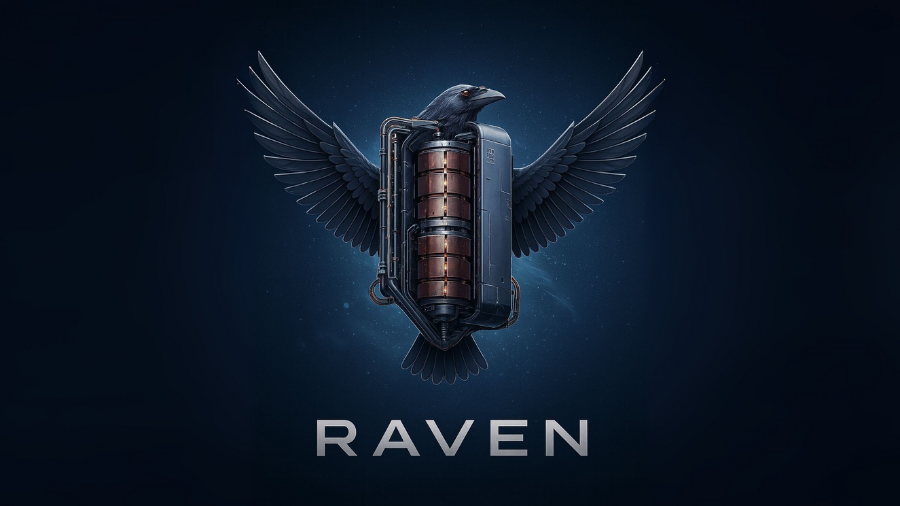 Jaderný reaktor RAVEN - Logo černé vrány s technologickým válcem na zádech.