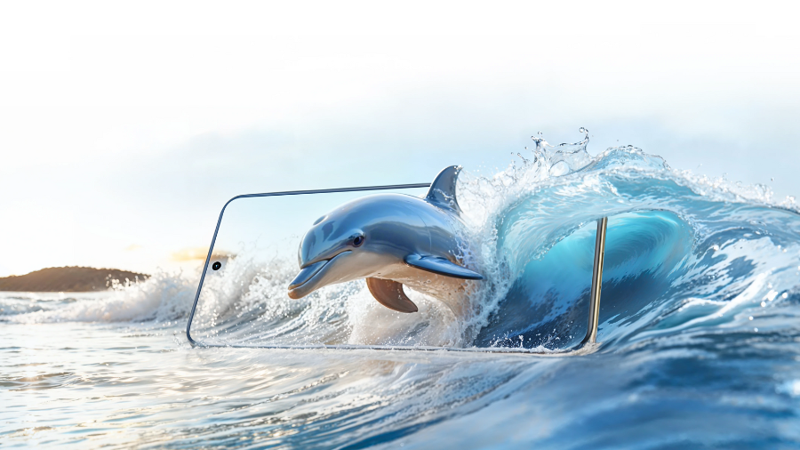 Zakřivený displej telefonu Realme 14 Pro+ v mořské vodě, z něhož vyskakuje delfín.