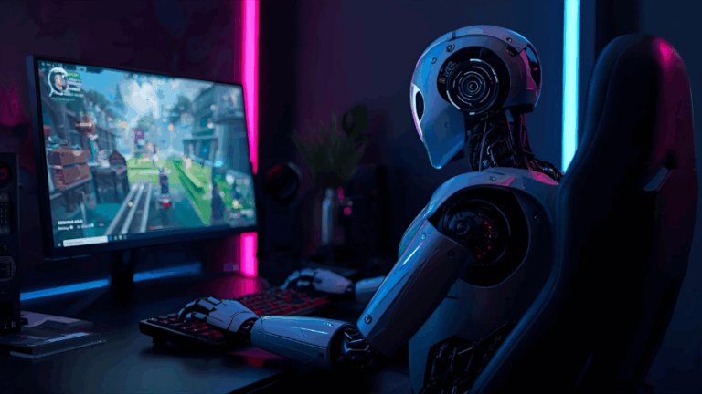 AI agenti v podobě humanoidního robota sedí u počítače a testují videohru.