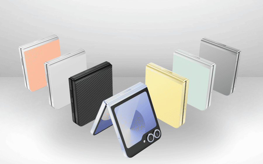 Všechny barevné varianty telefonu Samsung Galaxy Z Flip6 prezentované ze zadní strany.