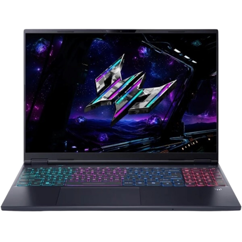 Detailní záběr na herní notebook Acer Predator Helios Neo 16 s RGB podsvícenou klávesnicí, která svítí v modro-růžovém gradientu. Displej zobrazuje logo Predator.
