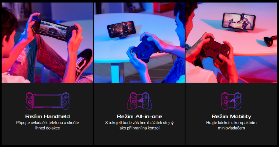 Koláž tří fotografií ukazující různé režimy použití telefonu Asus ROG 9 s herním ovladačem ROG Tessen: Handheld, All-in-one a Mobility.